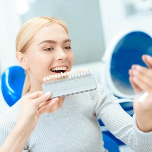 Woman's smiles compared to veneer shades