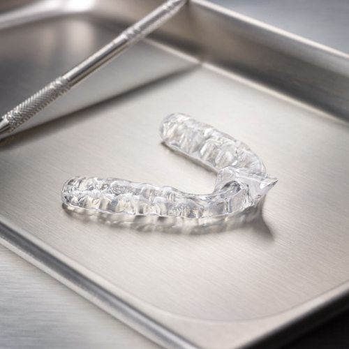 Clear nightguard for bruxism on metal tray